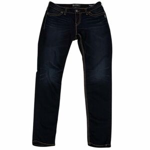 SILVER SUKI HIGH SUPER SKINNY DARK WASH SUPER STRETCH BLUE JEANS SIZE W32/L33
